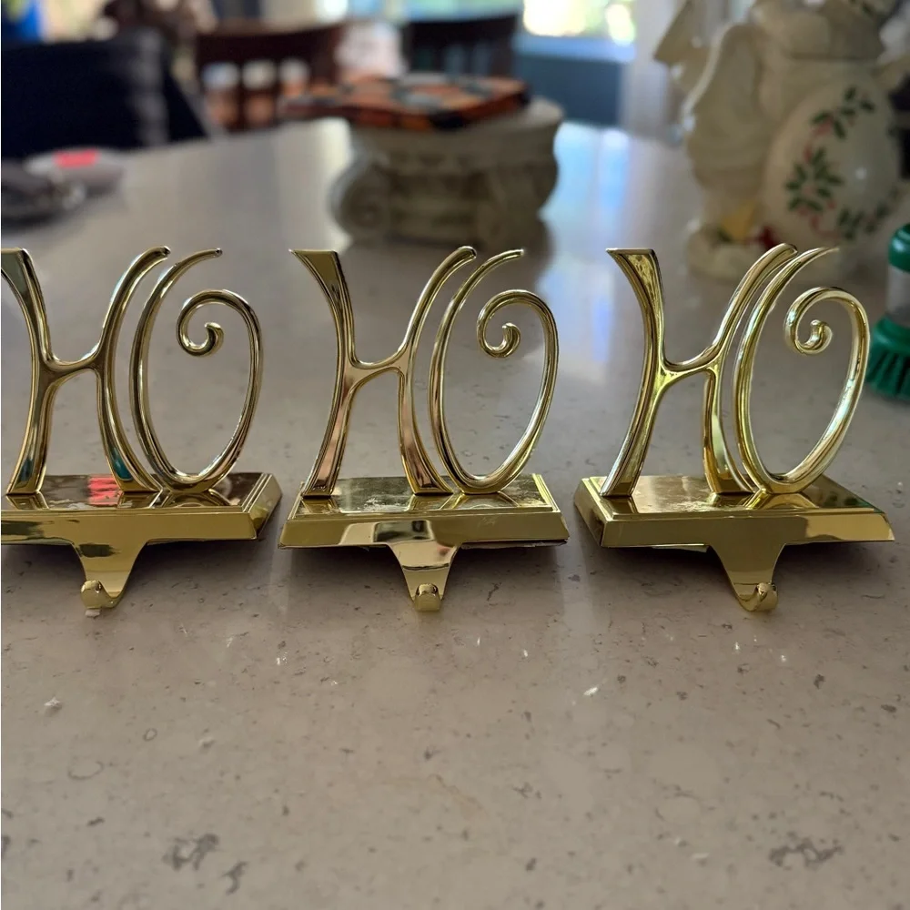 Pottery Barn 3 Ho Ho Ho Stocking Hangers Christmas Gold Tone HEAVY STURDY